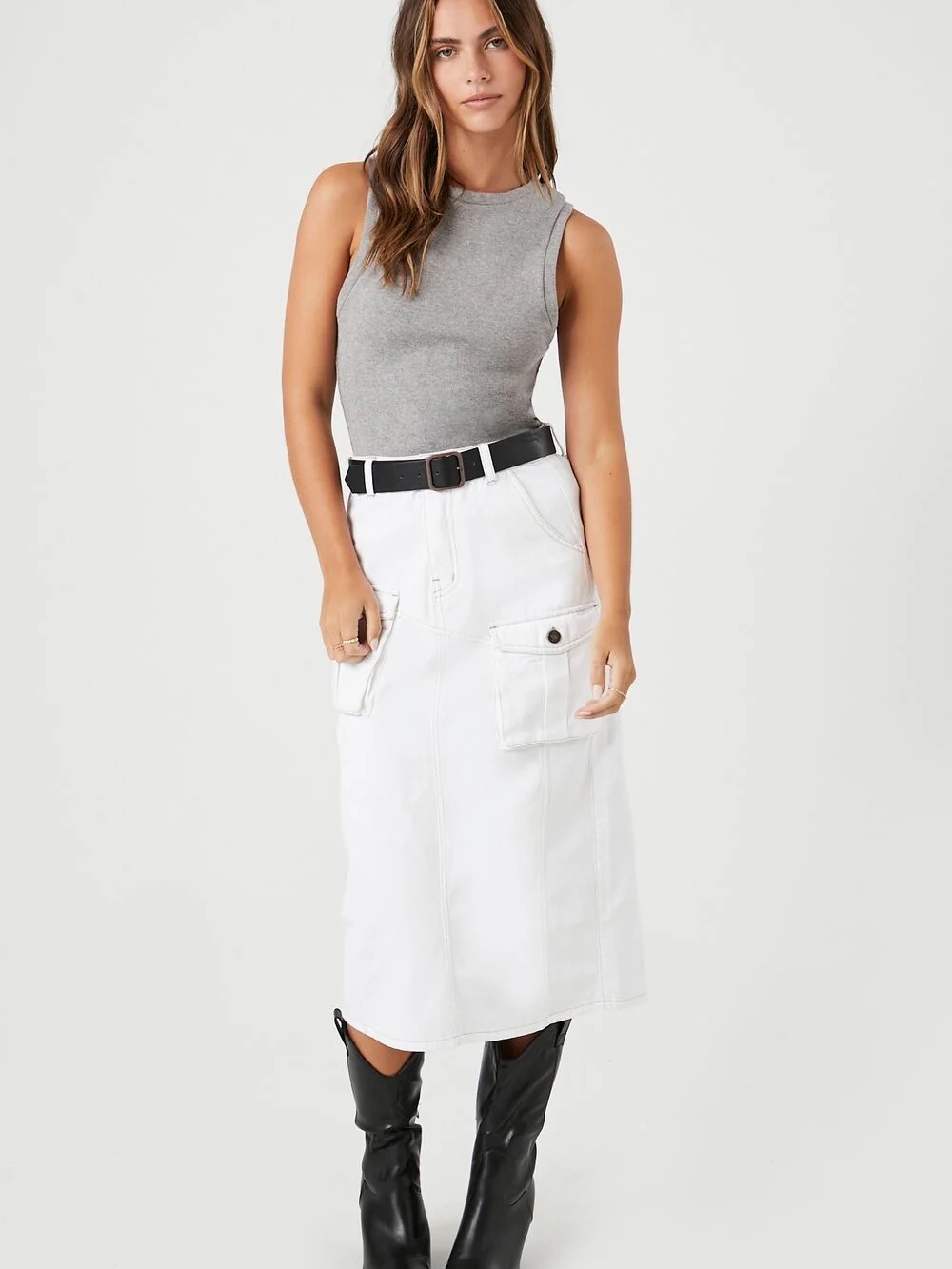 White Cargo Pocket Midi Skirt with Black Belt - Picture 1 of 9
